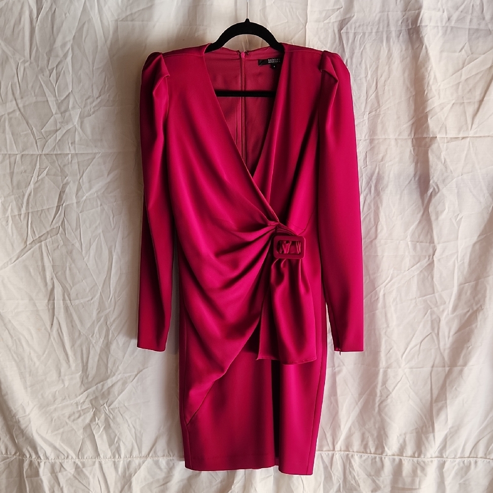 Bagdley Mischka Pink Dress with Plunge Neckline and Puff Sleeves